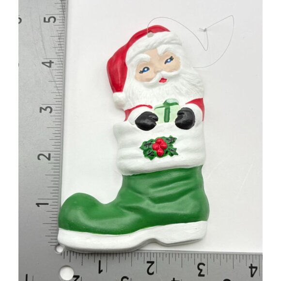 Vintage Santa Claus Boot Christmas Tree Ornament Green Holly Accent Hand Painted - Picture 3 of 6